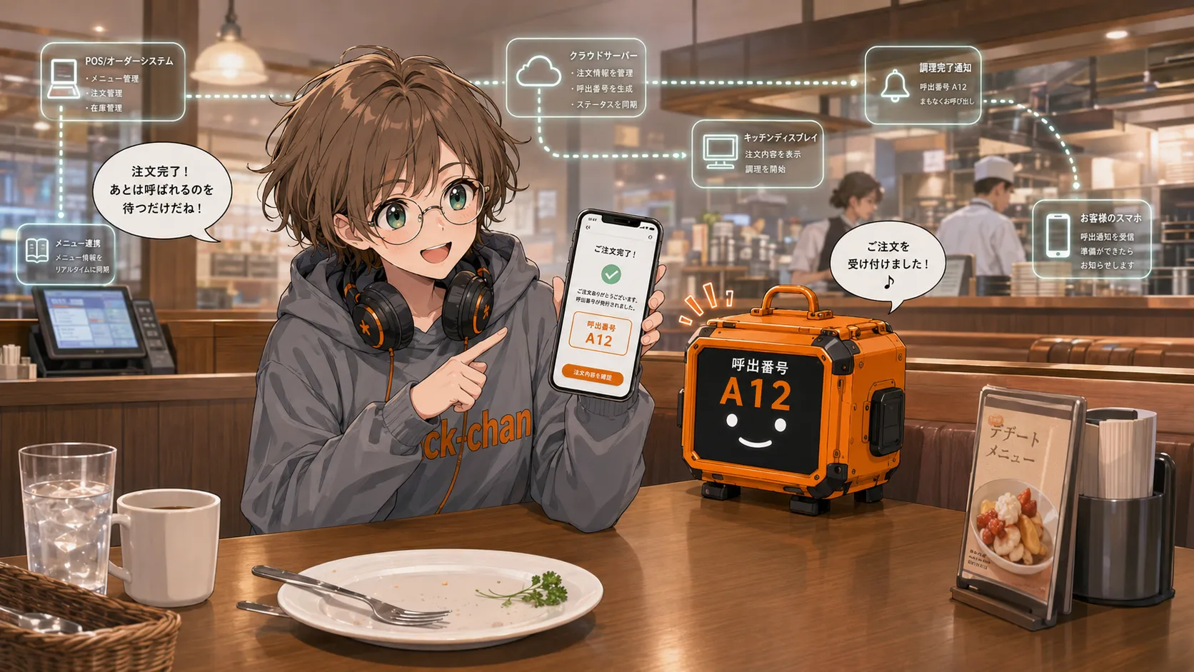 注文完了後、ｽﾀｯｸﾁｬﾝが呼出番号を表示し、かさねちゃんがスマホの注文完了画面を見せている。