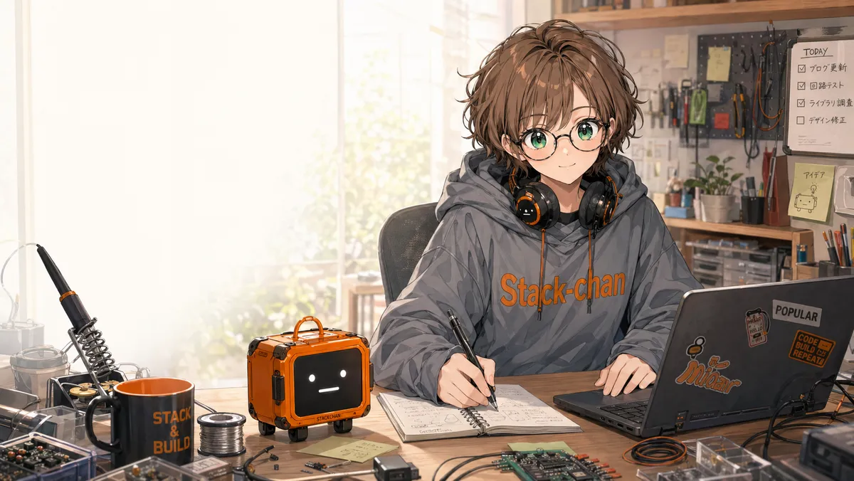 朝日の入る作業机で、かさねちゃんが Stack-chan と一緒にノートへ設計メモを書いている様子