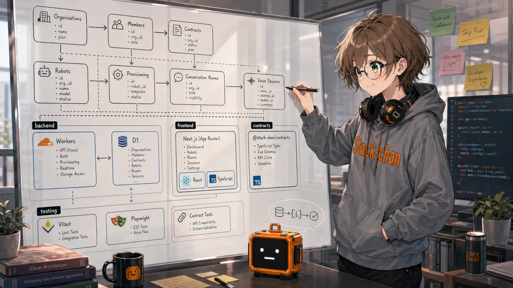 Stack-chan 管理基盤の設計ホワイトボード。Organization、Robot、Provisioning、Voice Session などのドメインと、backend、frontend、contracts、testing の構成を整理している。