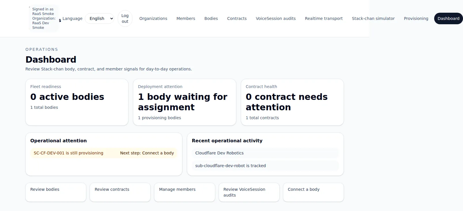 初期の管理画面。Dashboard に Fleet readiness、Deployment attention、Contract health、Operational attention、Recent operational activity と複数のカードや導線が並んでいる。機能は見えるが、情報の優先度と初回導線がまだ整理されきっていない。